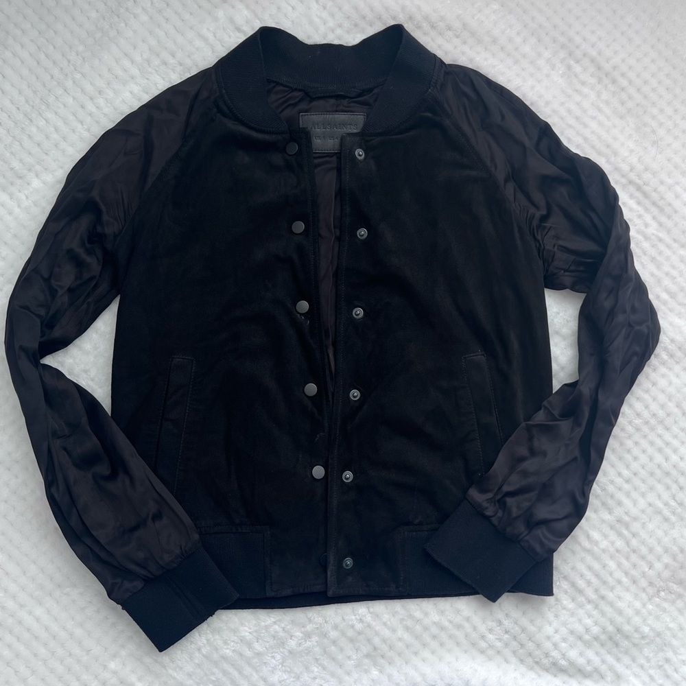 AllSaints Black Suede Bomber Jacket Women’s Size 4 Snap Front